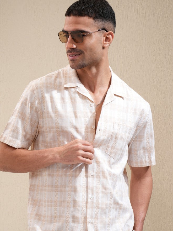 Locomotive Men Beige Checked Relaxed Fit Casual Shirt - Beige - Image 1
