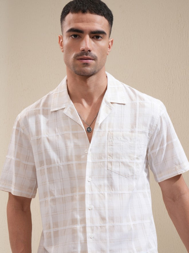 Locomotive Men Cream Checked Relaxed Fit Casual Shirt - Cream - Image 1