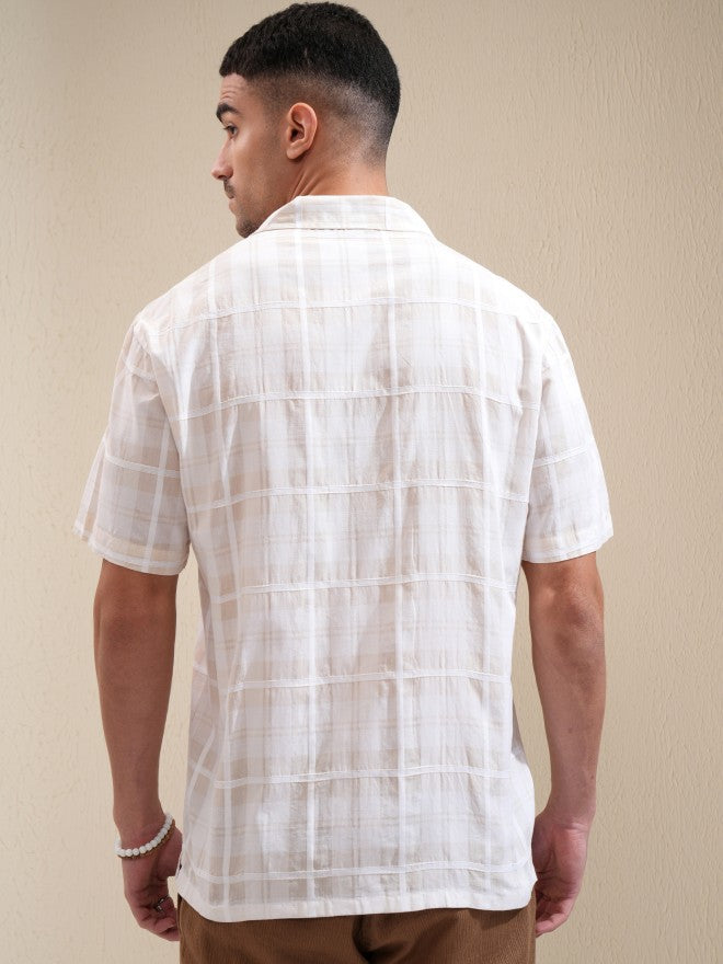 Locomotive Men Cream Checked Relaxed Fit Casual Shirt - Cream - Image 3