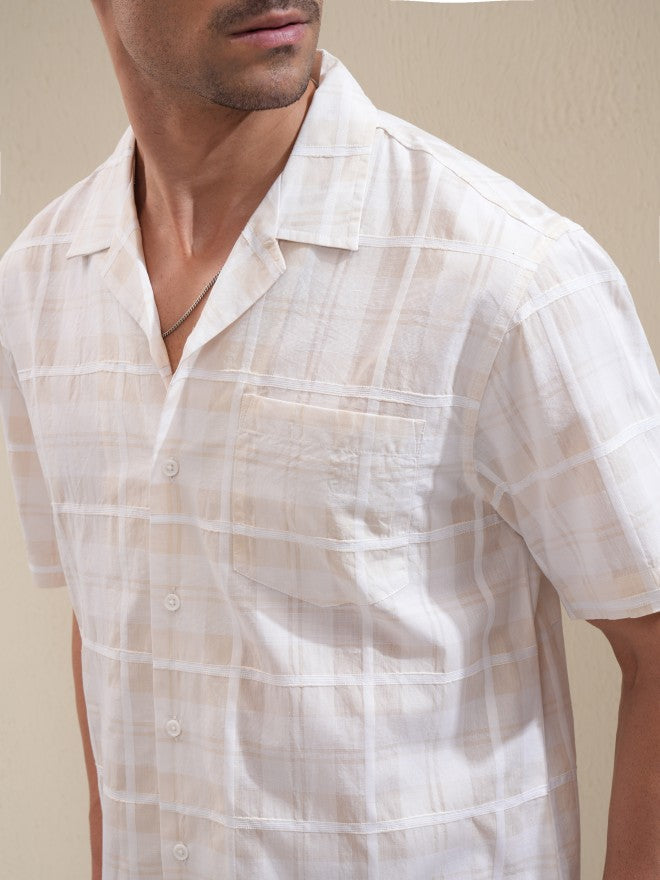 Locomotive Men Cream Checked Relaxed Fit Casual Shirt - Cream - Image 5