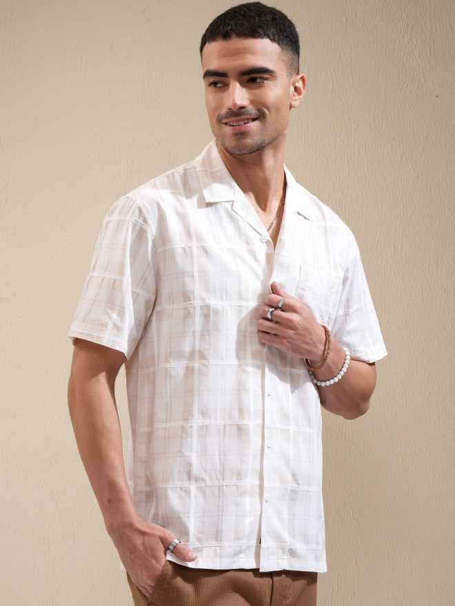 Locomotive Men Cream Checked Relaxed Fit Casual Shirt - Cream - Image 6