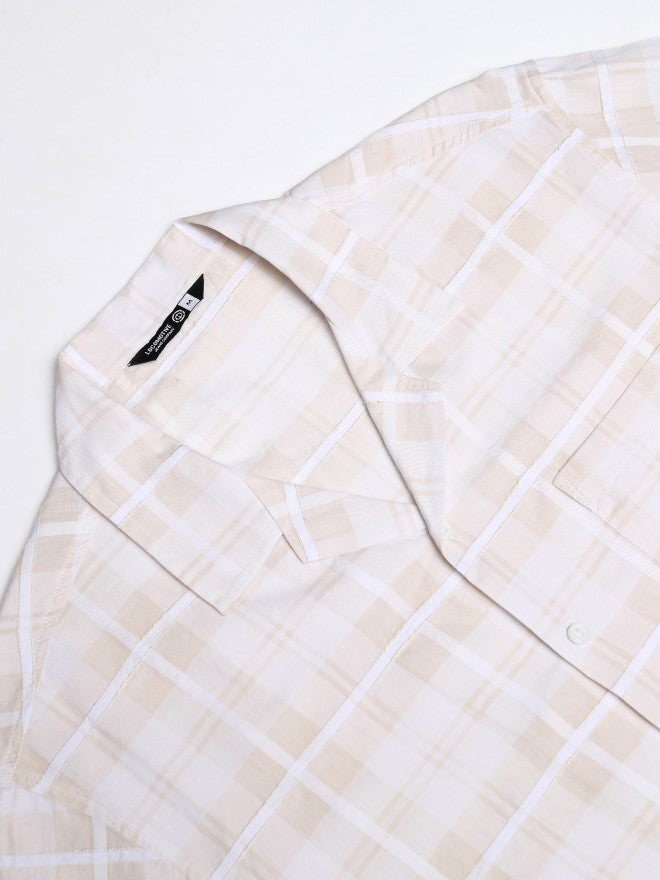 Locomotive Men Cream Checked Relaxed Fit Casual Shirt - Cream - Image 7