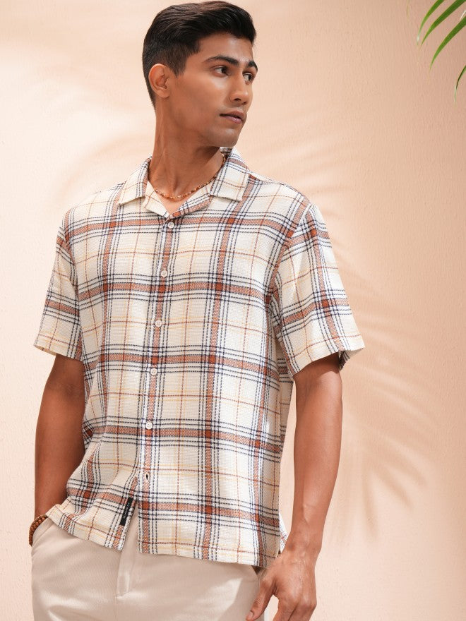 Locomotive Men Off White Checked Relaxed Fit Casual Shirt - Off White - Image 4