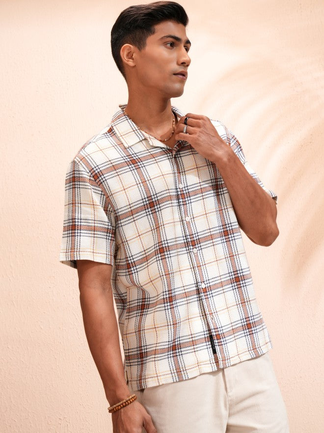 Locomotive Men Off White Checked Relaxed Fit Casual Shirt - Off White - Image 6