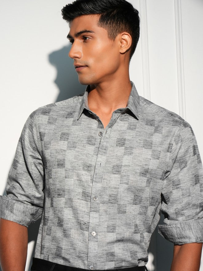 Locomotive Men Grey Printed Slim Fit Casual Shirt - Grey - Image 1