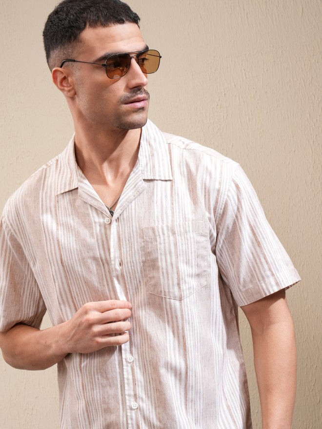 Locomotive Men Peach Striped Relaxed Fit Casual Shirt - Peach - Image 1