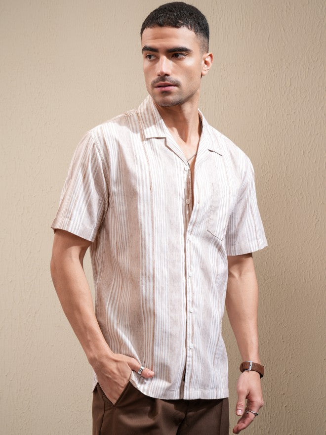 Locomotive Men Peach Striped Relaxed Fit Casual Shirt - Peach - Image 6
