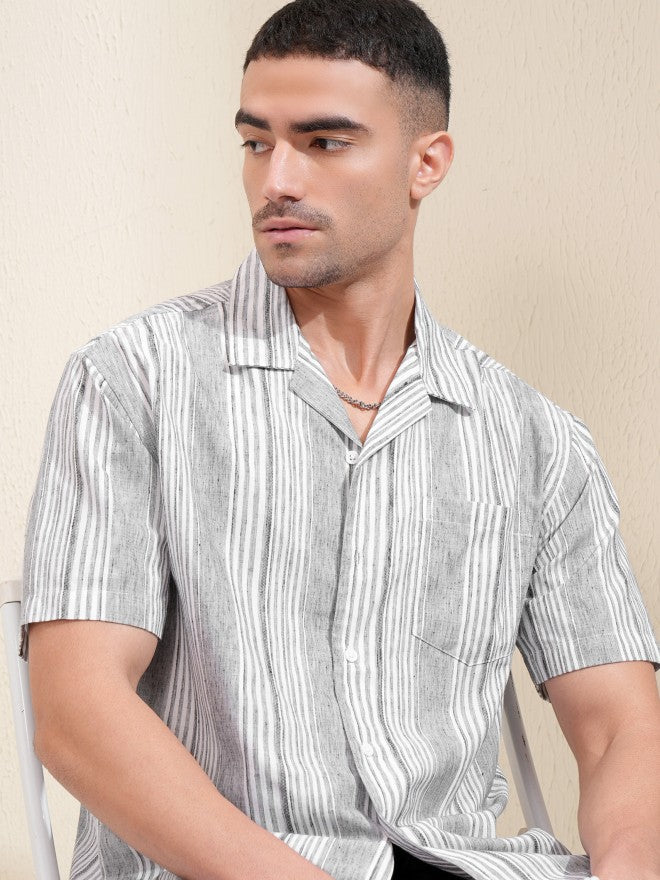 Locomotive Men Grey Striped Relaxed Fit Casual Shirt - Grey - Image 1