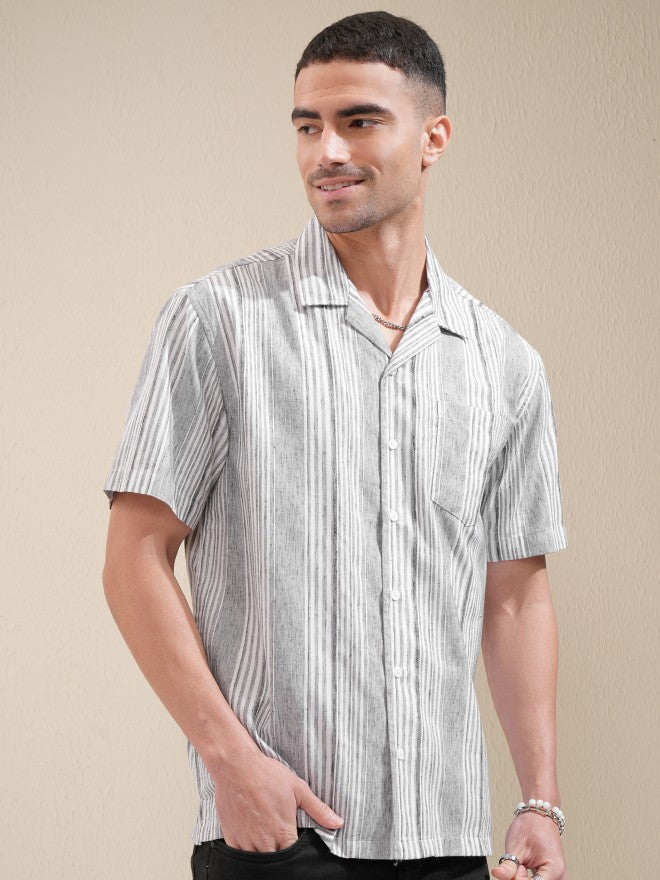 Locomotive Men Grey Striped Relaxed Fit Casual Shirt - Grey - Image 6