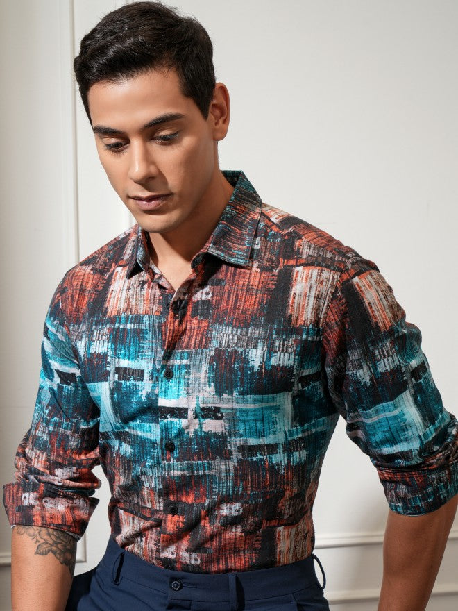 Locomotive Men Blue Printed Slim Fit Casual Shirt - Multi - Image 1
