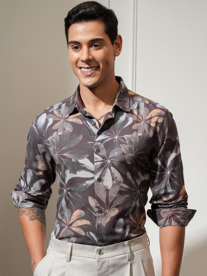 Locomotive Men Pink Printed Slim Fit Casual Shirt - Grey - Image 1