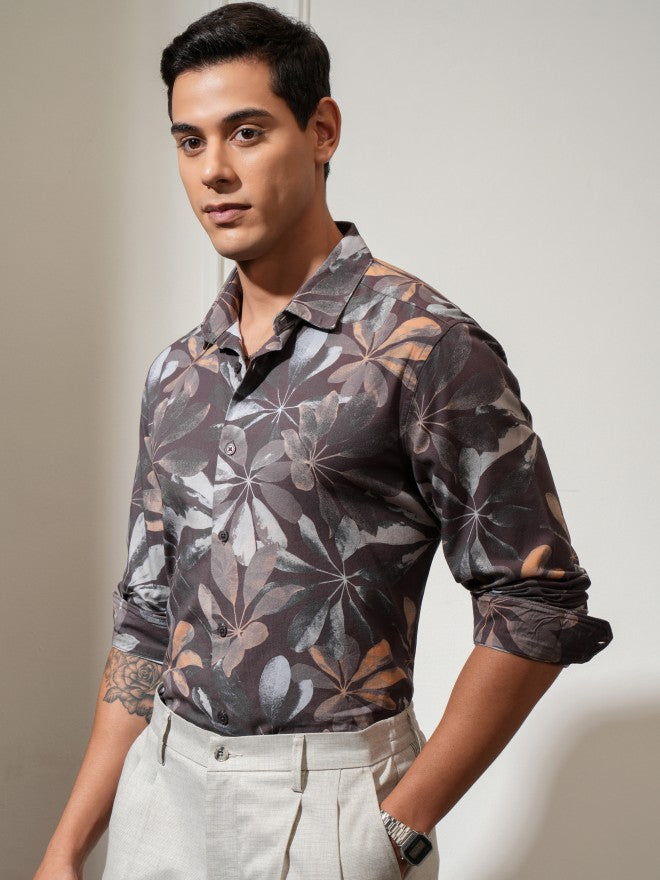 Locomotive Men Pink Printed Slim Fit Casual Shirt - Grey - Image 4