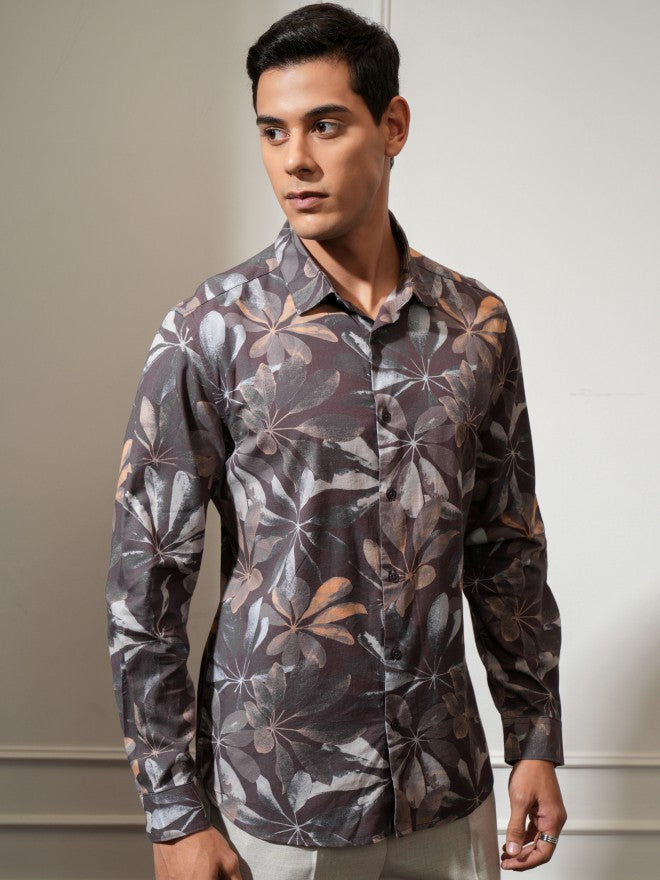 Locomotive Men Pink Printed Slim Fit Casual Shirt - Grey - Image 6