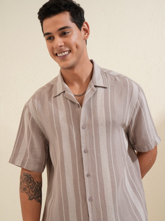 Locomotive Men Tan Striped Relaxed Fit Casual Shirt - Tan - Image 1