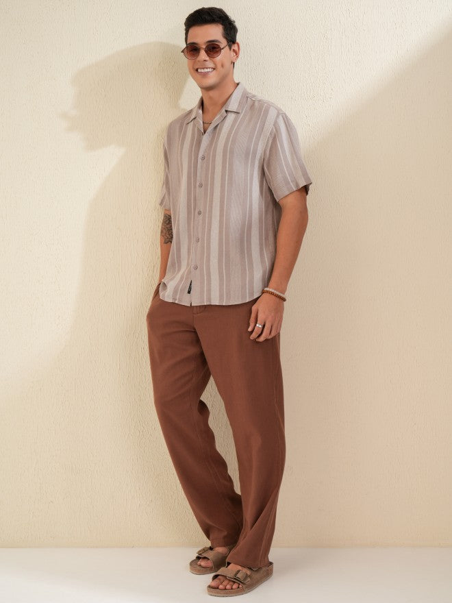 Locomotive Men Tan Striped Relaxed Fit Casual Shirt - Tan - Image 2