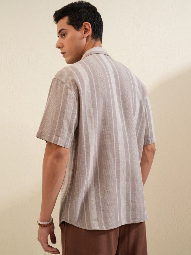 Locomotive Men Tan Striped Relaxed Fit Casual Shirt - Tan - Image 3