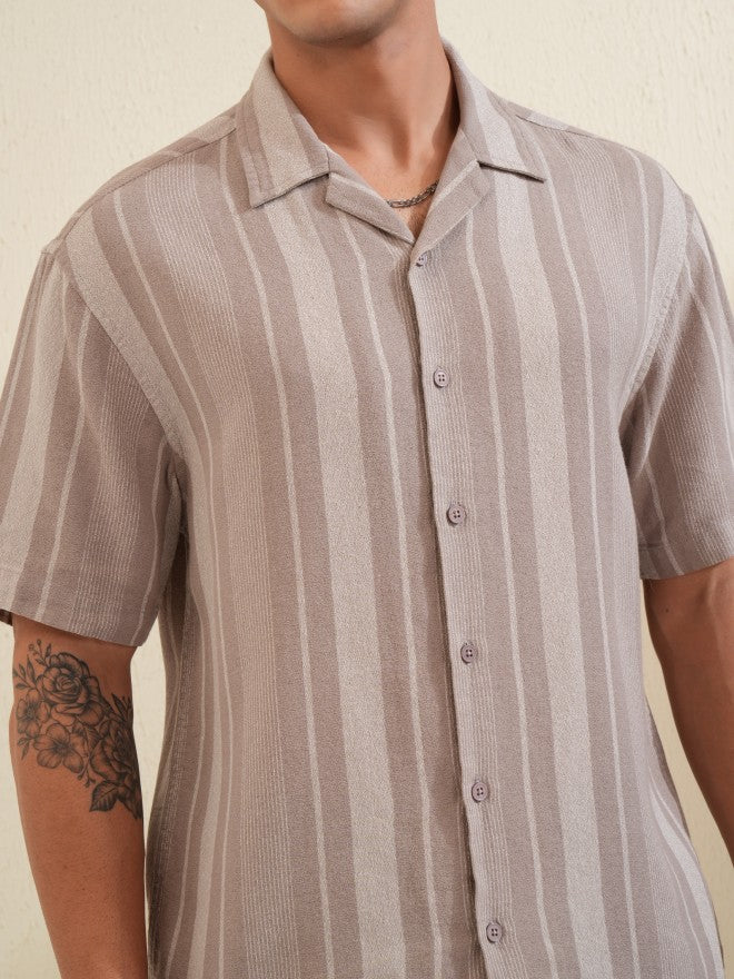 Locomotive Men Tan Striped Relaxed Fit Casual Shirt - Tan - Image 5