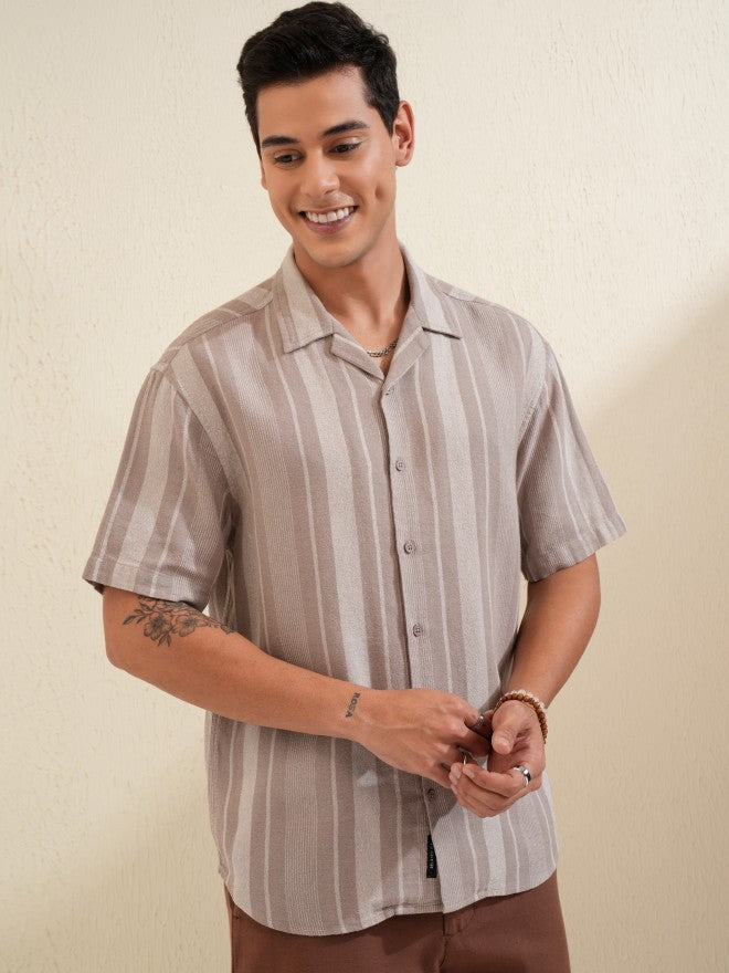 Locomotive Men Tan Striped Relaxed Fit Casual Shirt - Tan - Image 6