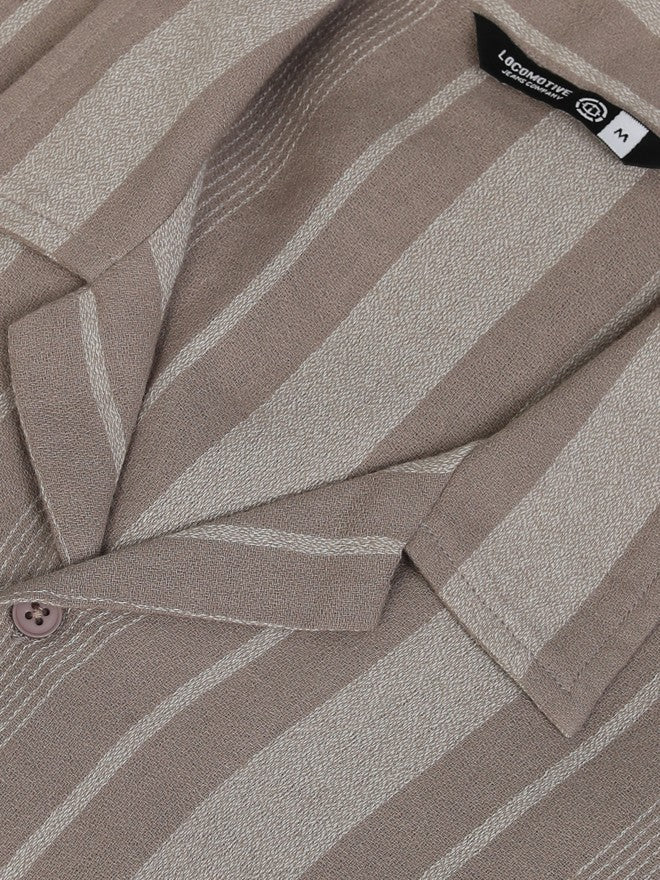 Locomotive Men Tan Striped Relaxed Fit Casual Shirt - Tan - Image 7