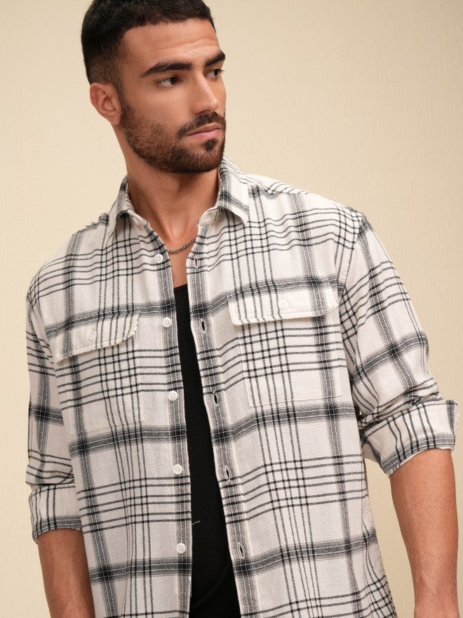 Locomotive Men Off White Checked Relaxed Fit Casual Shirt - Off White - Image 1