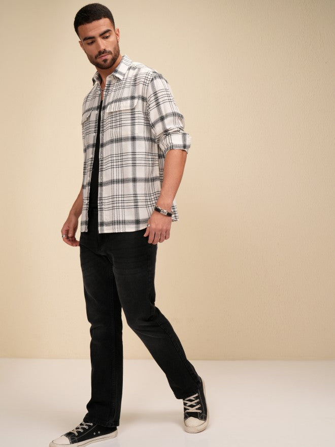 Locomotive Men Off White Checked Relaxed Fit Casual Shirt - Off White - Image 2