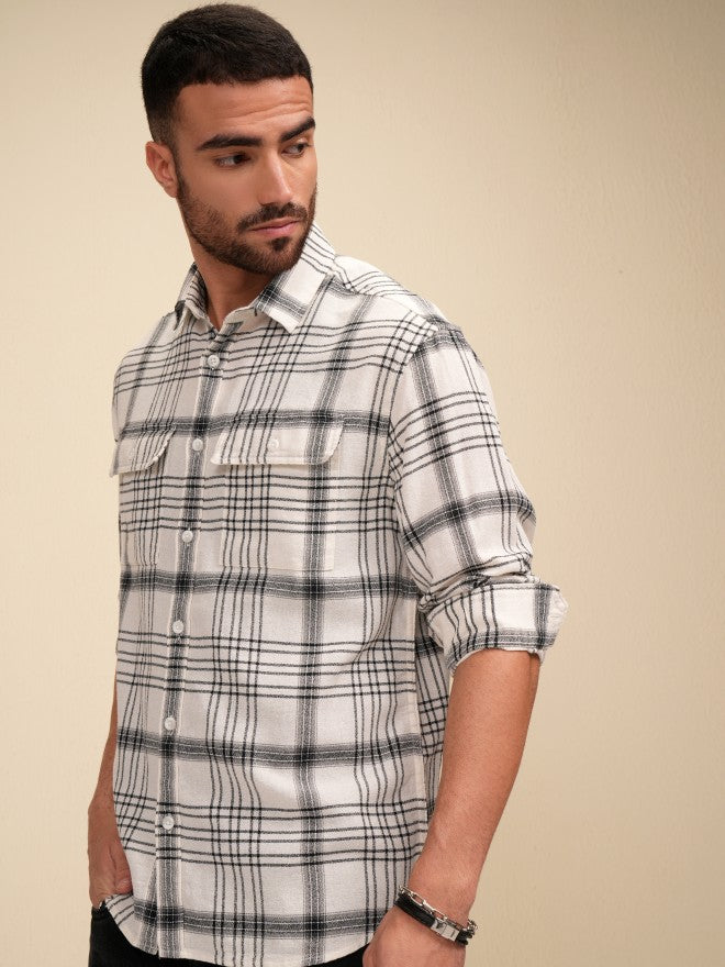 Locomotive Men Off White Checked Relaxed Fit Casual Shirt - Off White - Image 4