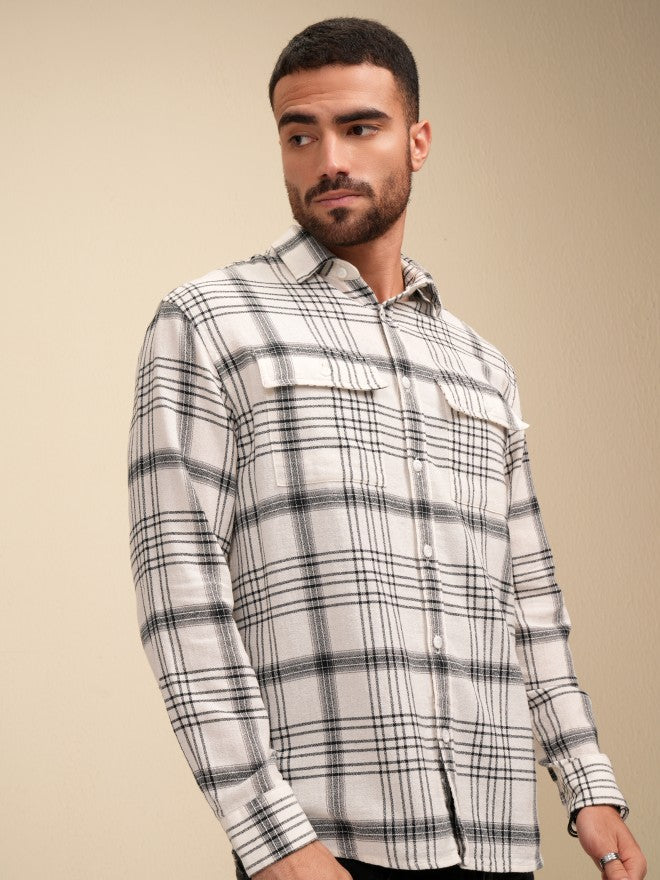 Locomotive Men Off White Checked Relaxed Fit Casual Shirt - Off White - Image 6