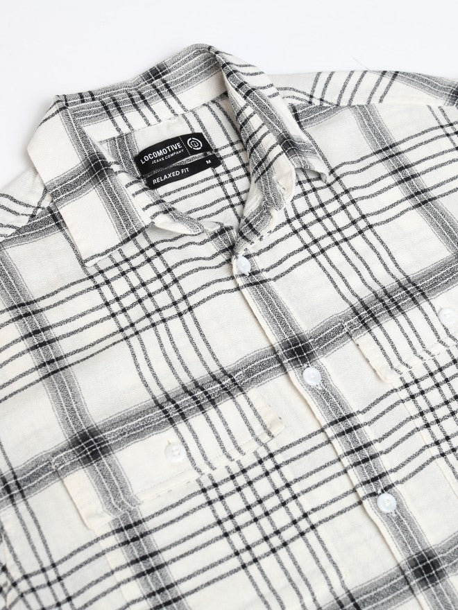 Locomotive Men Off White Checked Relaxed Fit Casual Shirt - Off White - Image 7