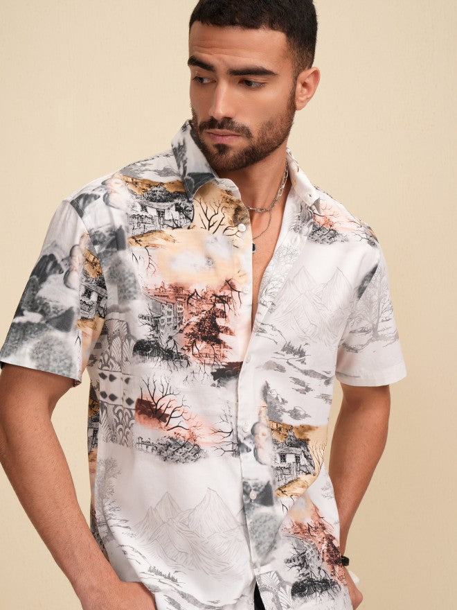 Locomotive Men Cream Printed Relaxed Fit Casual Shirt - Cream - Image 1