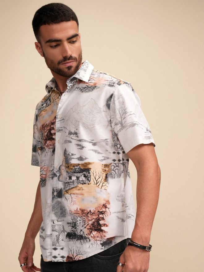 Locomotive Men Cream Printed Relaxed Fit Casual Shirt - Cream - Image 4