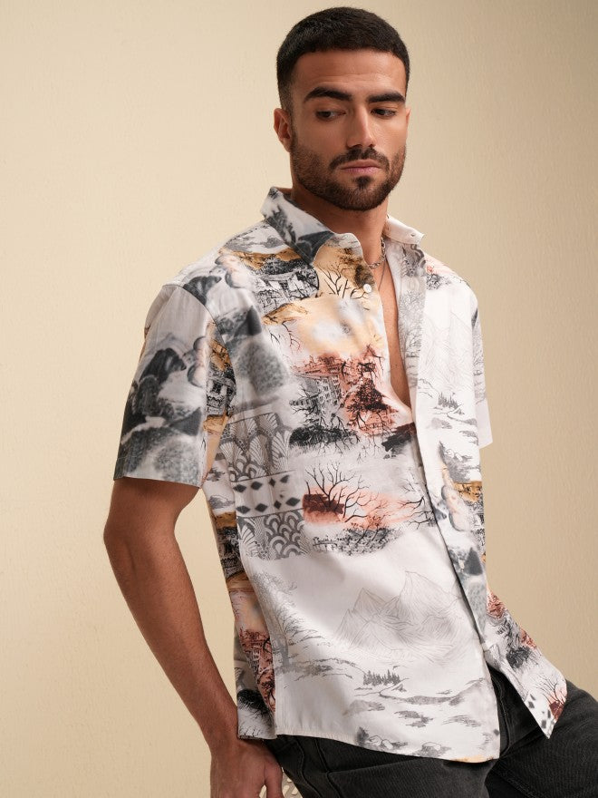 Locomotive Men Cream Printed Relaxed Fit Casual Shirt - Cream - Image 6