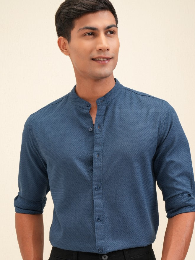 Locomotive Men Teal Self Design Regular Fit Casual Shirt - Teal - Image 1