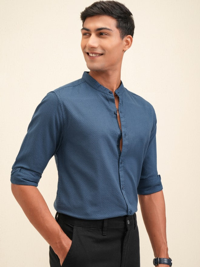 Locomotive Men Teal Self Design Regular Fit Casual Shirt - Teal - Image 6