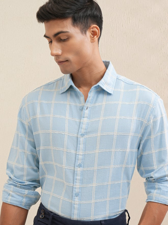 Locomotive Men Blue Checked Relaxed Fit Casual Shirt - Blue - Image 1