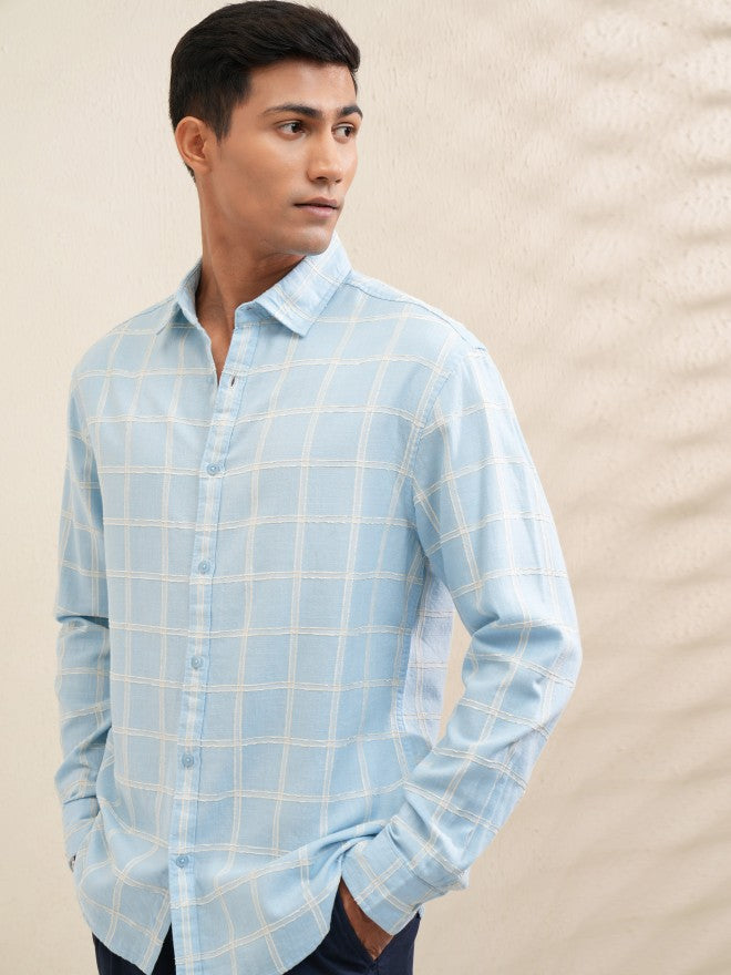 Locomotive Men Blue Checked Relaxed Fit Casual Shirt - Blue - Image 4