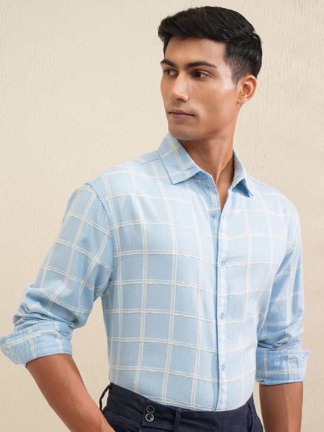 Locomotive Men Blue Checked Relaxed Fit Casual Shirt - Blue - Image 6
