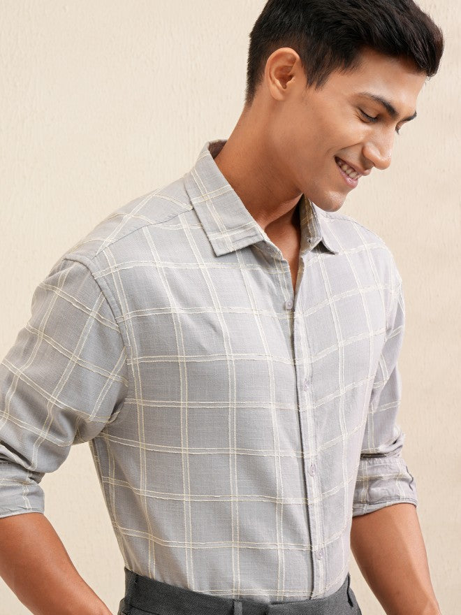 Locomotive Men Grey Checked Relaxed Fit Casual Shirt - Grey - Image 1