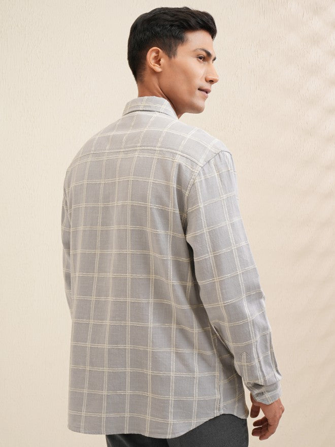 Locomotive Men Grey Checked Relaxed Fit Casual Shirt - Grey - Image 3