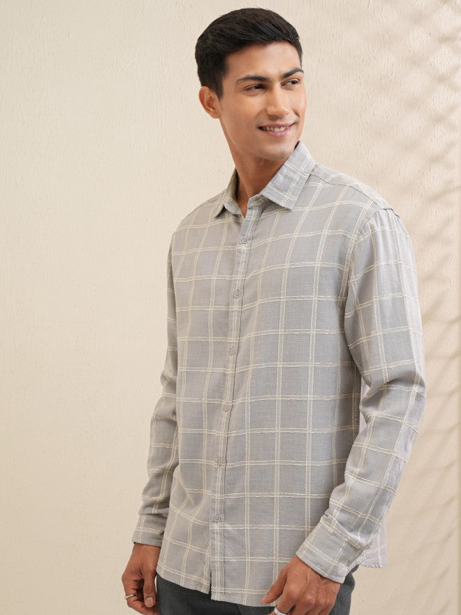 Locomotive Men Grey Checked Relaxed Fit Casual Shirt - Grey - Image 4