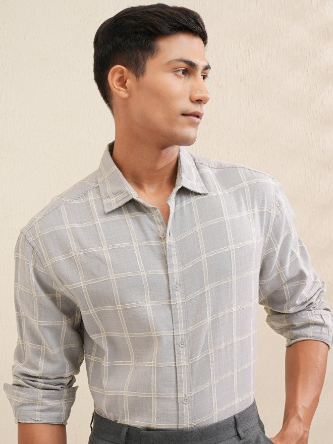 Locomotive Men Grey Checked Relaxed Fit Casual Shirt - Grey - Image 6