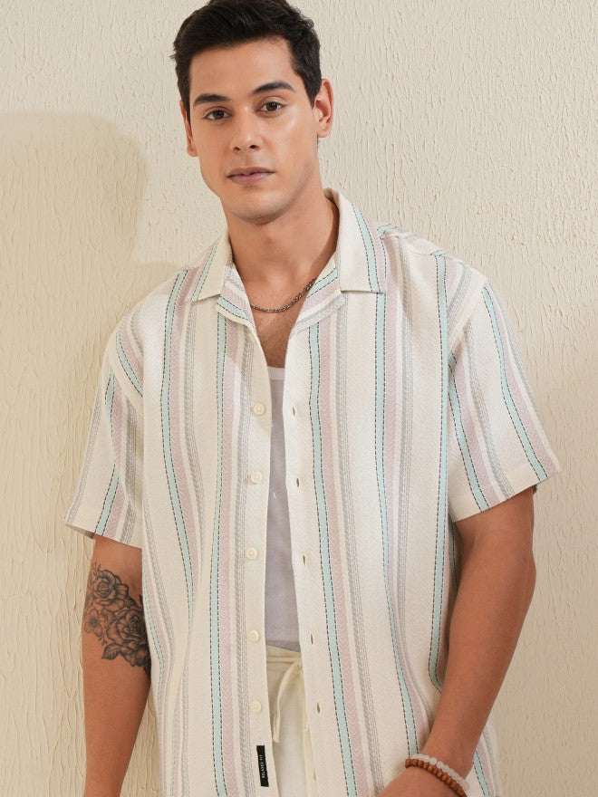 Locomotive Men Off White Striped Relaxed Fit Casual Shirt - Off White - Image 1
