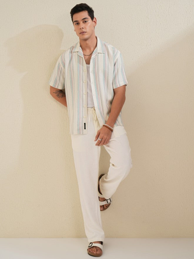 Locomotive Men Off White Striped Relaxed Fit Casual Shirt - Off White - Image 2