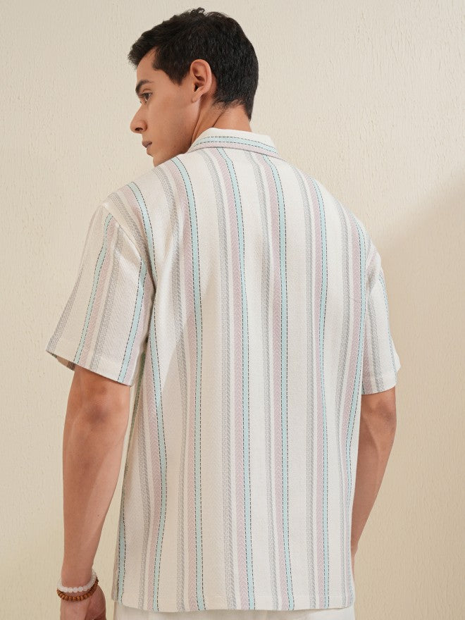 Locomotive Men Off White Striped Relaxed Fit Casual Shirt - Off White - Image 3