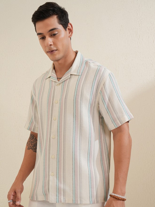 Locomotive Men Off White Striped Relaxed Fit Casual Shirt - Off White - Image 4
