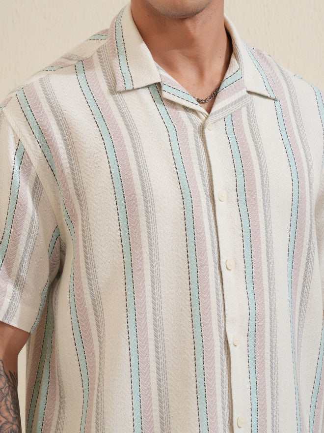Locomotive Men Off White Striped Relaxed Fit Casual Shirt - Off White - Image 5
