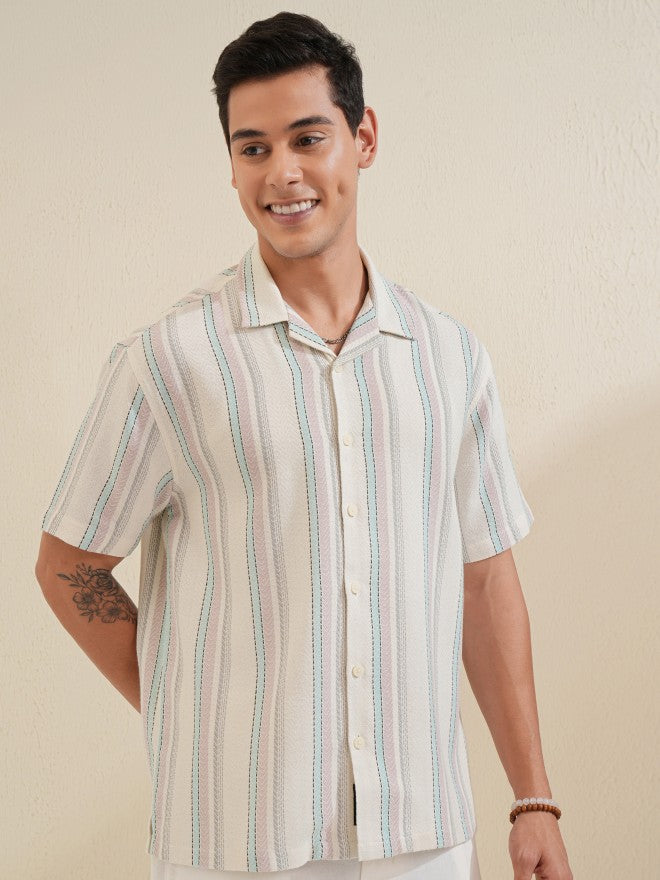 Locomotive Men Off White Striped Relaxed Fit Casual Shirt - Off White - Image 6