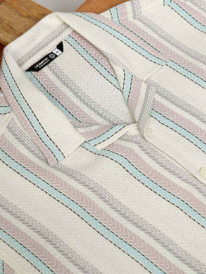 Locomotive Men Off White Striped Relaxed Fit Casual Shirt - Off White - Image 7