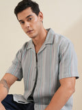 Locomotive Men Grey Striped Relaxed Fit Casual Shirt - Grey - Image 1