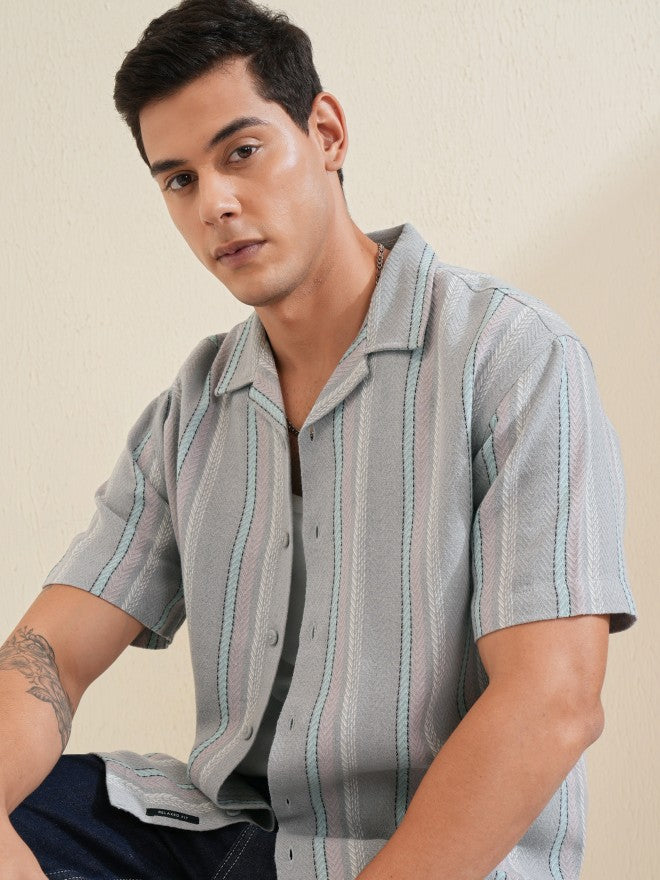 Locomotive Men Grey Striped Relaxed Fit Casual Shirt - Grey - Image 1