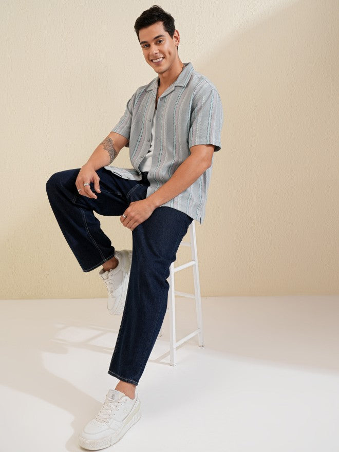 Locomotive Men Grey Striped Relaxed Fit Casual Shirt - Grey - Image 2